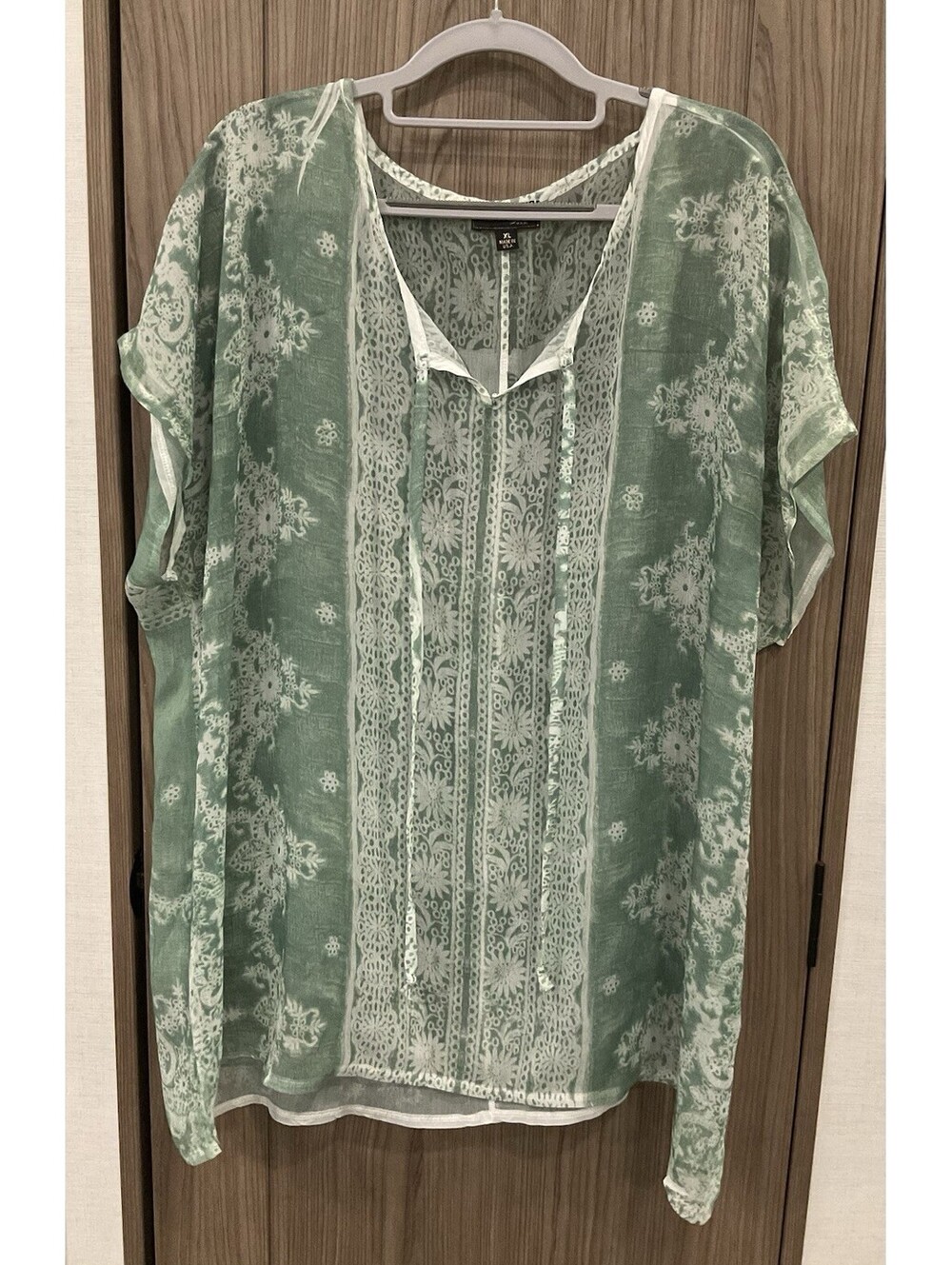 Cal Style Womens V Neck Sheer Green Short Sleeve Blouse Size XL